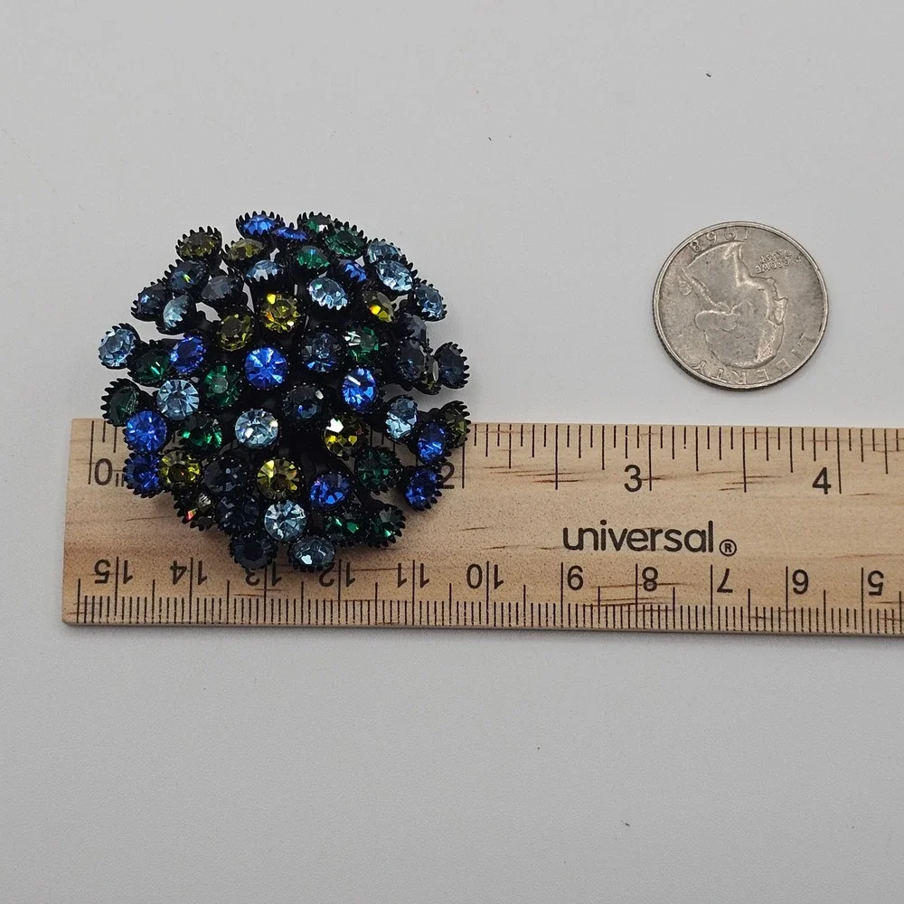 Vtg Rhinestone Brooch Dome Cluster Japanned Peacock Blue Green Statement 2